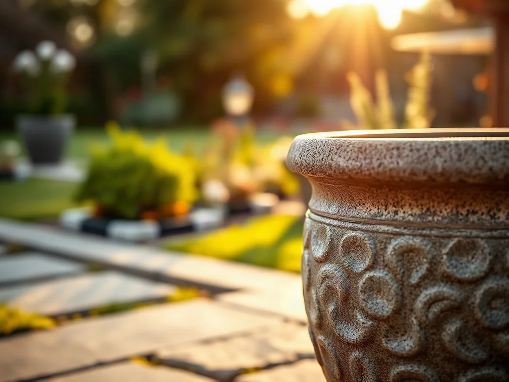 Wysokiej jakości ceramiczna donica mrozoodporna o teksturowanej powierzchni, ustawiona na kamiennym tarasie w ogrodzie.
