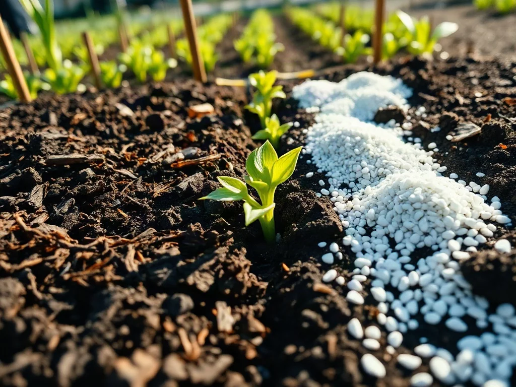Porównanie nawożenia organicznego z mineralnym: ciemny kompost obok białych granulek nawozu sztucznego przy młodych roślinach.