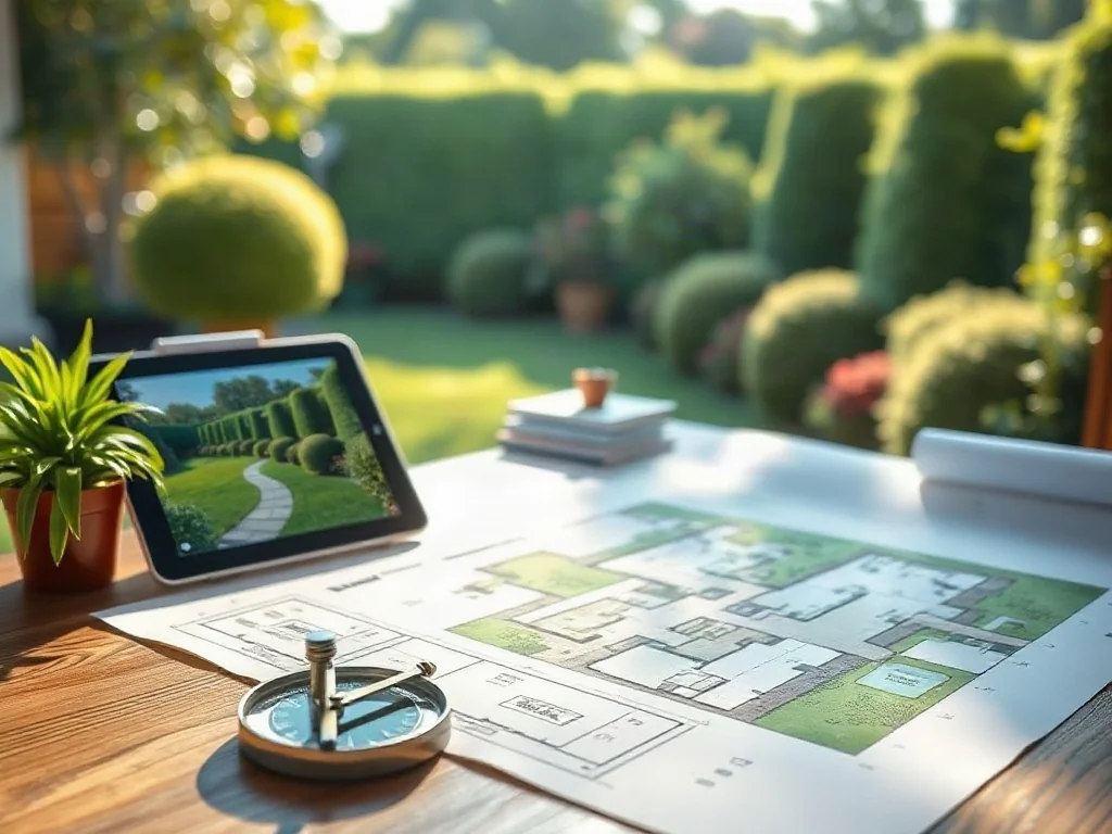 Profesjonalny projekt ogrodu na drewnianym biurku z planami, przyborami kreślarskimi i wizualizacją 3D na tablecie.