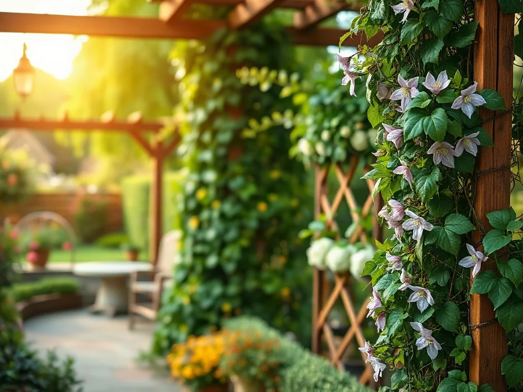Drewniana pergola i metalowe podpory z pnącym bluszczem oraz powojnikami w słonecznym ogrodzie.