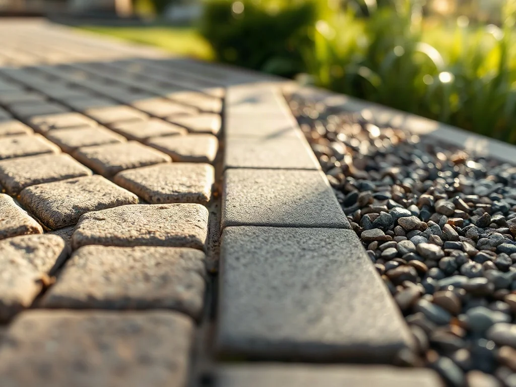 Różne rodzaje materiałów na podjazd, w tym kostka granitowa, betonowa oraz żwir, zestawione w ogrodowej scenerii.