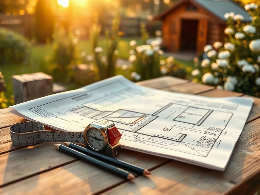 Szczegółowy projekt architektoniczny drewnianego domku ogrodowego z narzędziami pomiarowymi na tle ogrodu.